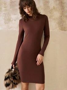 Cévolie 女士优雅纯色紧身长袖连衣裙，适合春秋季节 - 咖啡 - 查看 5