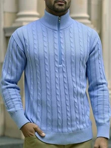 Manfinity Homme Plus Size Men's Solid Color Half Zip Cable Knit Turtleneck Sweater, Fall Winter, Long Sleeve Top - Baby Blue - View 5