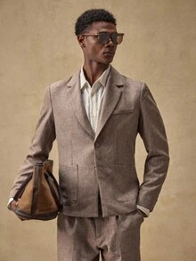 AKNOTIC Business Casual 2 件男士休闲宽松梭织西装外套和直筒裤套装 - 卡其色 - 查看 4