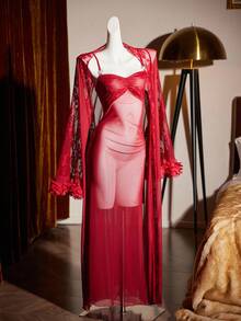 SHEIN 女士睡衣套装，含刺绣花卉网眼吊带裙和睡袍 - 酒紅色 - 查看 8