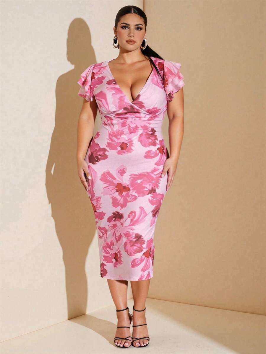 SHEIN BAE Đầm ôm sát cổ chữ V họa tiết hoa lưới cỡ lớn thanh lịch dành cho nữ, dáng dài, ôm sát, tôn dáng, thích hợp mặc hàng ngày, đi chơi, hẹn hò, trà chiều, đi nghỉ, xuân/hè, mùa tựu trường dành cho nữ trang trọng thanh lịch - Hồng - Xem 1