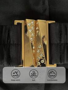 Firerie Plus Size Casual Hooded Fluffy Brown Contrast Color Beanie Hat, Black Cinched Waist Metal Buckle Belt Long Sleeve Thick Padded Coat For Hiking & Skiing, Autumn/Winter Plus Size Winter Coat Plus Size Jackets Plus Size Winter Clothes Women Plus Size Coats Winter Outerwear Women Coats For Women Plus - Black - View 7