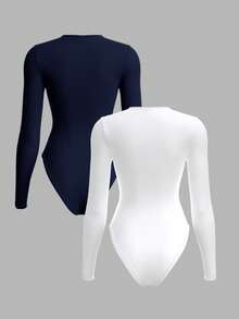 SHEIN BASICS 2件/組 女款休閒素色針織圓領長袖連身衣，黑色與白色連身衣 - 藏蓝色 - 查看 3