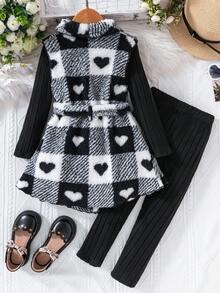 SHEIN Elladie kids 年轻女孩心格子蓬松翻领无袖夹克，圆领长袖 T 恤和裤子休闲装，秋冬秋季服装 - 黑色 - 查看 2