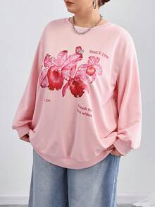 SHEIN CURVE+ Áo nỉ cổ tròn rộng rãi họa tiết hoa tối giản giản dị cỡ lớn, mùa thu/đông Thu/Đông - Hồng - Xem 4