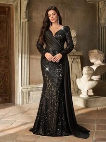 Aureia 大码秋季优雅华丽哥特式黑色亮片花朵拼接缎面V领长袖拼接褶裥飘逸鱼尾修身连衣裙，适合晚宴、单身派对、约会、舞会、节日、婚礼、晚宴等场合（重工款）、情人节 - 黑色 - 查看 7