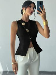 Firerie Women's Elegant Refined Romantic Commuter New Fashion Daily Metal Button Waist A-Line Hem Sleeveless White Blouse Top Black Tops