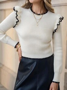 Solivie Suéter ajustado con volantes y ribete de contraste negro, primavera/otoño - Albaricoque - Ver 4