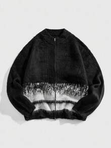 ROMWE MEN Street Life Suéter informal de manga larga con cremallera y contraste de color tejido para hombres, otoño e invierno - Blanco y Negro - Ver 1