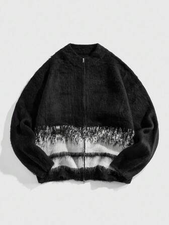 Street Life Men Contrast Color Knit Zip-Up Casual Long Sleeve Sweater, Fall Winter