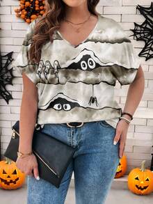 EMERY ROSE Áo thun tay ngắn cổ chữ V in hình nhện phong cách Halloween rộng rãi cho nữ cỡ lớn - Nhiều màu - Xem 6