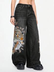 ROMWE Grunge Punk 男女皆宜的复古街头风中国虎纹花卉刺绣宽松阔腿低腰牛仔裤 - 黑色 - 查看 7