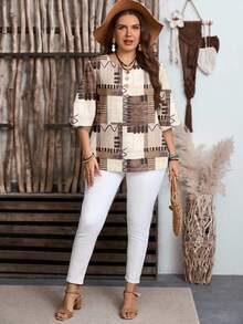 EMERY ROSE Casual Minimalist Brown Textured Plaid Patchwork Print Plus Size Button-Up Shirt, Suitable For Autumn Chic Blouses Women,Flower/Spring/Summer/Vacation - Multicolor - View 5