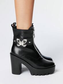 ROMWE Grunge Punk 女式哥特式金属蝴蝶扣圆头厚底粗跟朋克靴，PU 皮革黑色高跟靴，适合派对、日常穿着、晚礼服、增高修腿、万圣节 - 黑色 - 查看 4