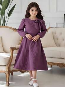 SHEIN Robe élégante et décontractée à manches longues avec décoration de nœud pour fille