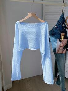 Comfortcana Light Blue Plus Size Women Loose Batwing Long Sleeve Sheer Top