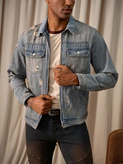 Manfinity Homme Men's Distressed Denim Jacket, Streetwear Style Acid Washed For Slim-Fit, Fall