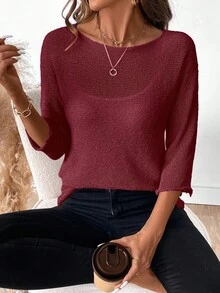EMERY ROSE Women's Casual Solid Color 3/4 Sleeve Pullover Sweater - Burgundy - View 1