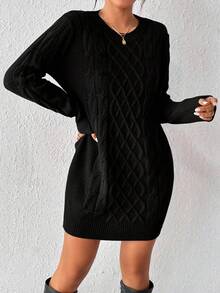 SHEIN Unity Women's Solid Cable Knit Sweater Dress New Year - Black - View 3