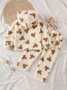 2件套年轻女孩休闲可爱熊图案毛绒连帽衫上衣和裤子家居服套装 - 彩色 - 查看 2