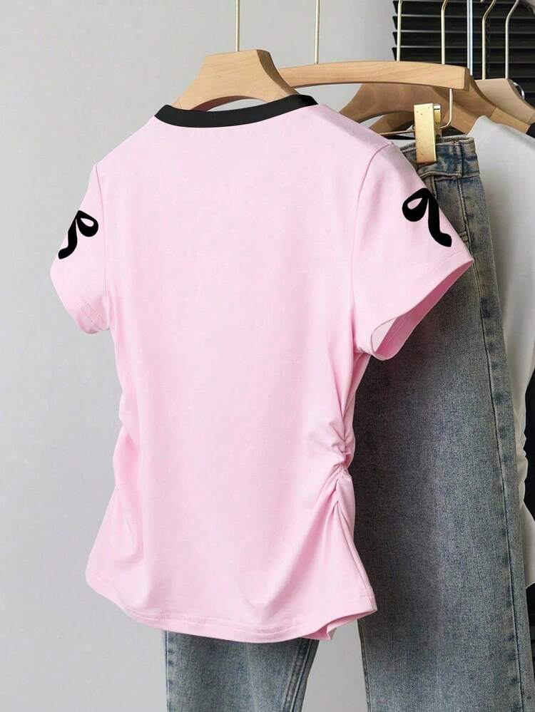 Sparklyn Sweet Black & Pink Bow Number 07 Pattern Ins Style Girls' Fitted Short Sleeve T-Shirt, Suitable For Birthday Party, Campus Sports, Daily Wear Casual Round Neck Graphicprint Short Sleeve For Teen Girls Girls Football Shirt Cute Girls Jersey Tops Girls Jersey Shirts 7t Girls Tshirts Football Shirt Girls - Multicolor - View 2