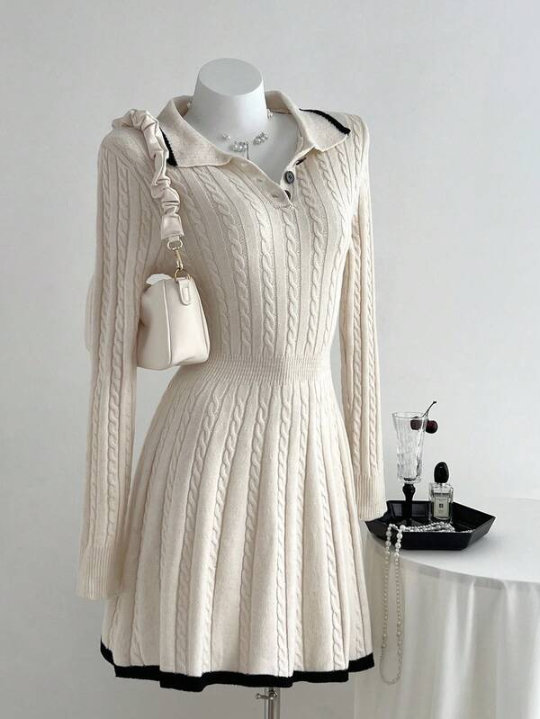 Elamini Women Contrast Color Block Button Front Waist Cinched Casual Sweater Dress Fall Winter Cloth For Women