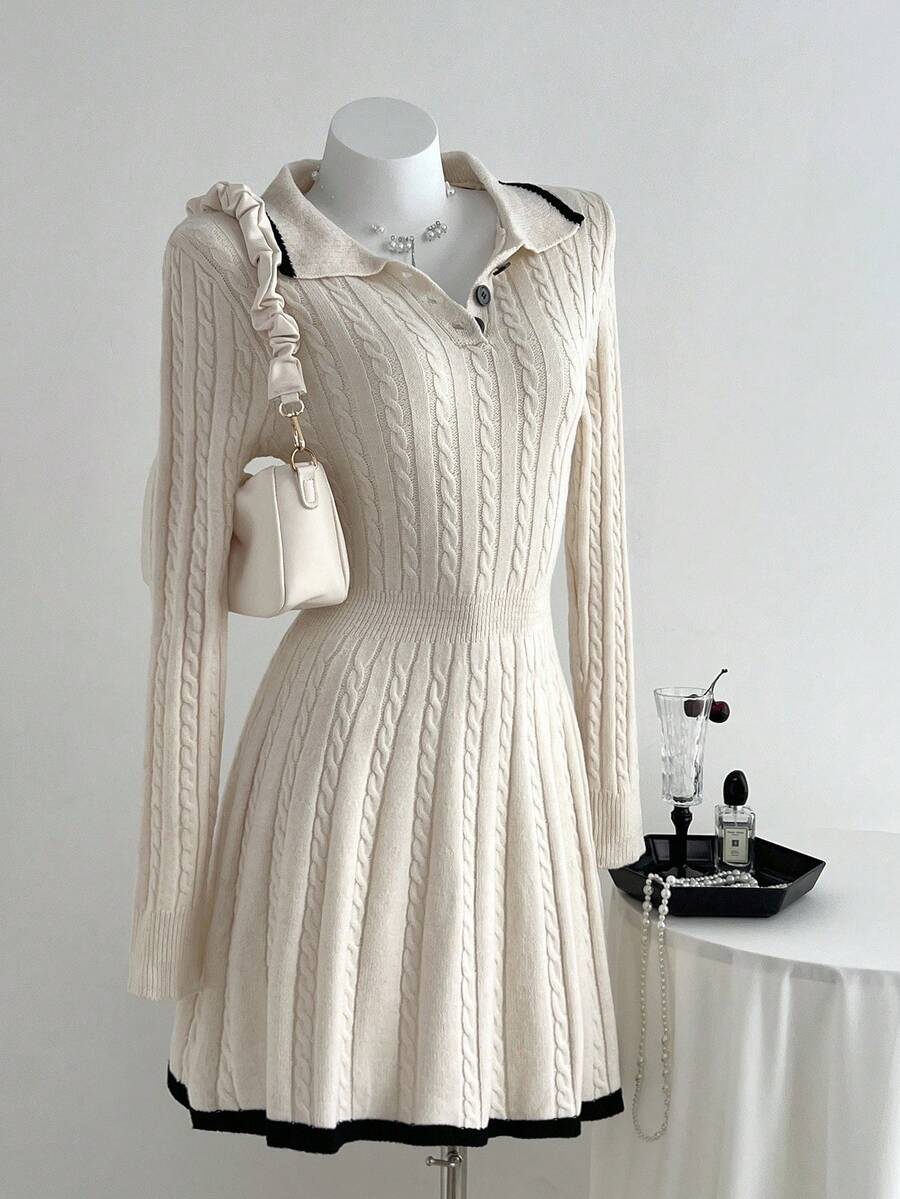 Elamini Women Contrast Color Block Button Front Waist Cinched Casual Sweater Dress Fall Winter Cloth For Women - Beige - View 1