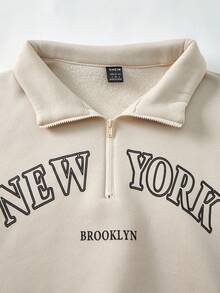 SHEIN 2 件套女士套装，新款秋冬，杏色立领拉链连帽衫，配套罗纹袖口长袖运动裤，MEW YORK REOOKLYN 字母印花，舒适休闲，母女搭配