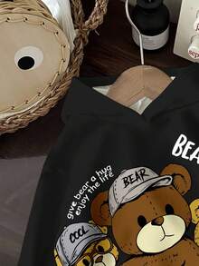 SHEIN 黑色男婴休闲宽松舒适卡通熊图案柔软针织卫衣，适合秋冬季穿着