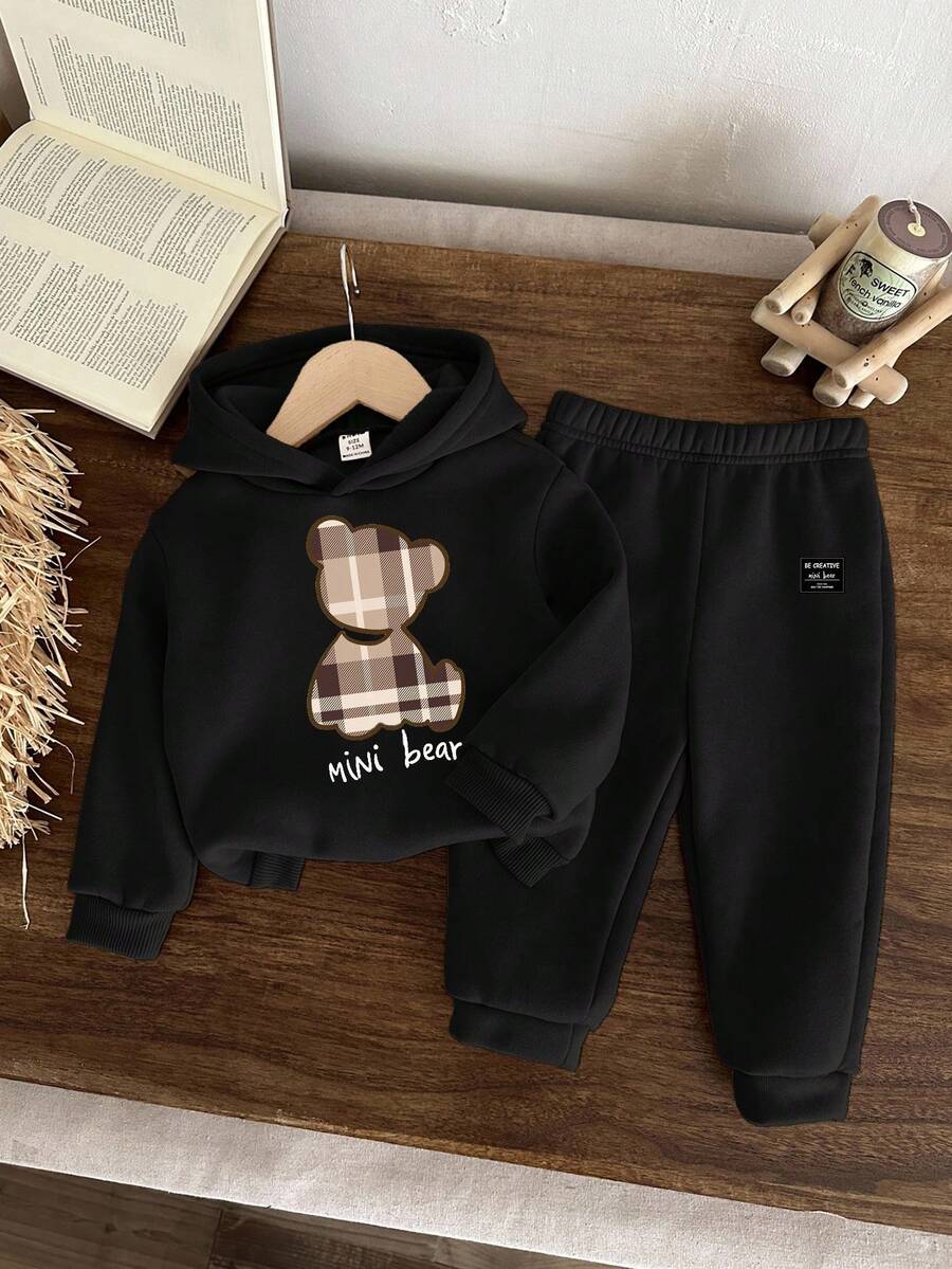 SHEIN Baby Boy Casual Minimalist Cartoon Bear Pattern Knitted Soft Loose Hoodie Sweatshirt Set, Suitable For Autumn/Winter Fall - Black - View 1