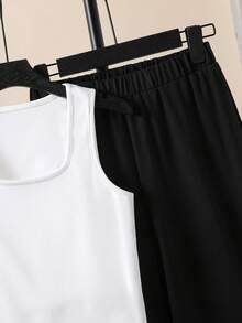 Sparklyn 3 件套青少年女孩休闲装，条纹宽松长袖衬衫 + 白色针织背心 + 黑色阔腿裤，适合日常穿着和度假 - 粉色 - 查看 7