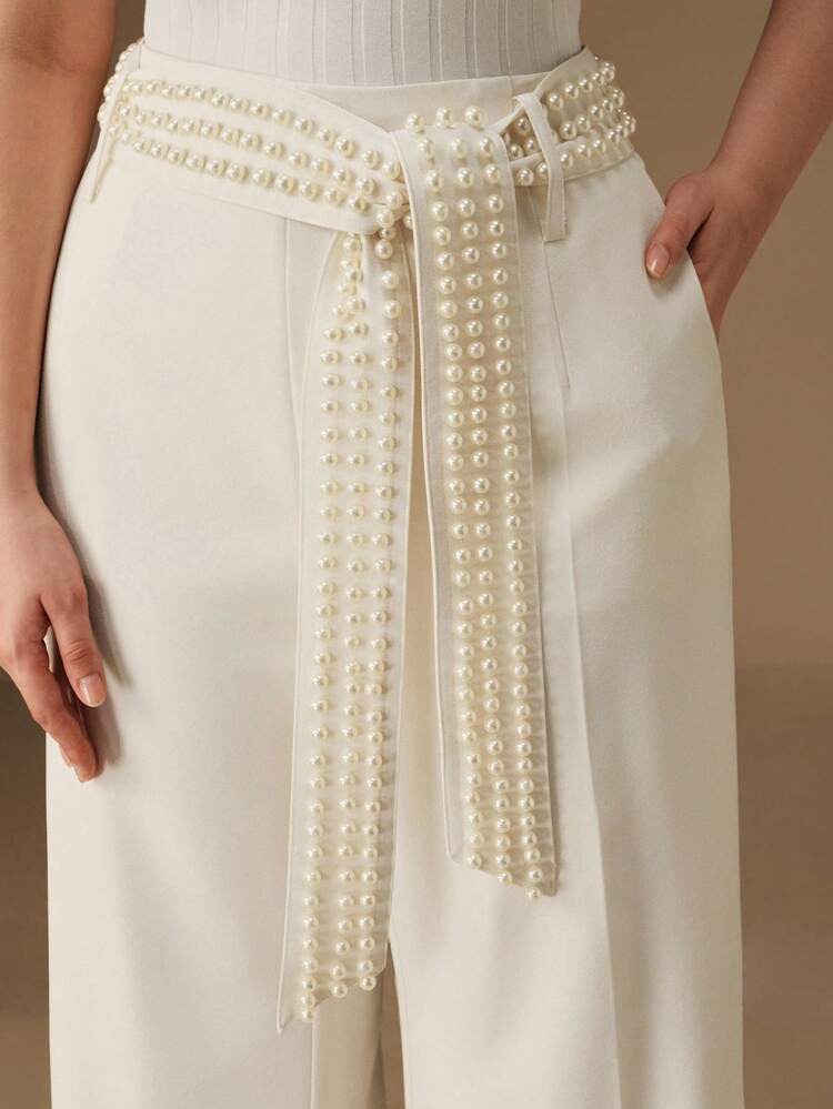 Pantalon ample et élégant pour femmes grandes tailles avec décoration de ceinture à la taille perlée, coupe ample, convient pour l'hiver, le Nouvel An, Thanksgiving, les mariages, les robes de soirée de luxe