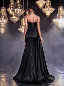 Glamrae 优雅、浪漫、性感、简约的黑色缎面亮片拼布亮片装饰露肩深 V 领褶饰紧身鱼尾礼服，侧开衩拖尾，时尚、网红、节日、生日派对、婚礼、正式晚会 - 黑色 - 查看 3