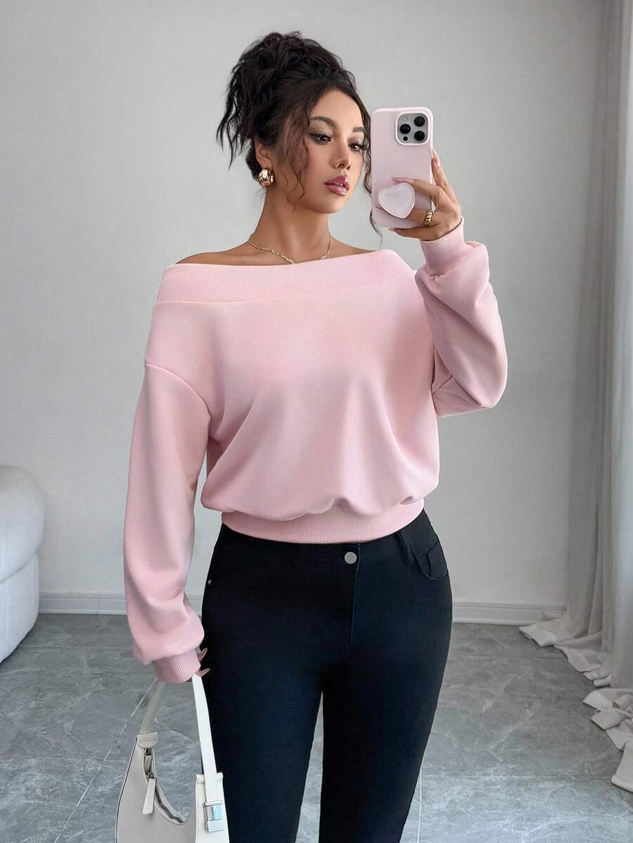 Elenzga Elegant & Romantic Off-Shoulder Sweatshirt, Suitable For Vacation And Commute