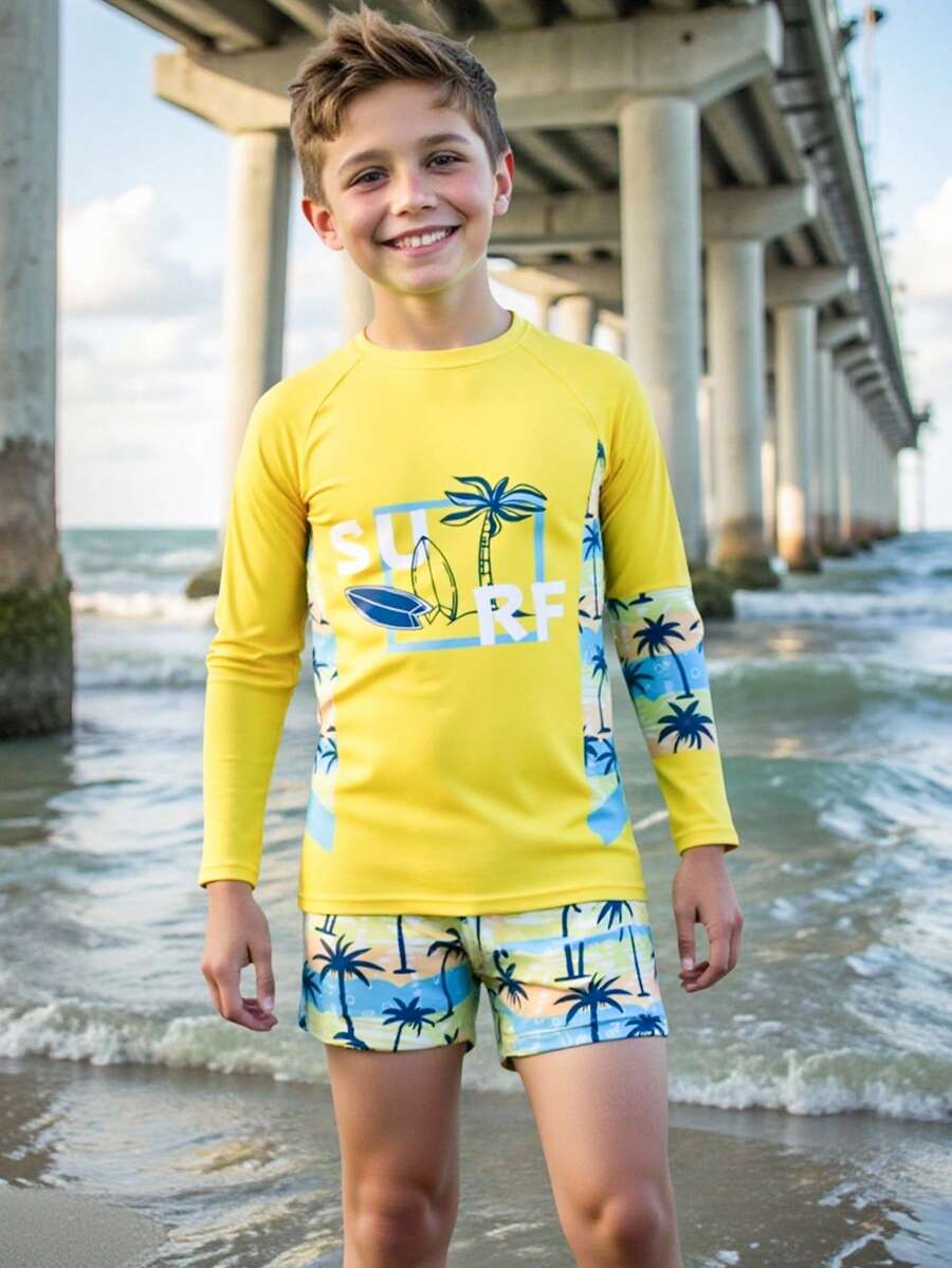 SHEIN 2pcs/Set Tween Boy Tropical Holiday Print Swimsuit - Short Sleeve Top + Shorts, Suitable For Vacation And Pool Play Summer Holiday