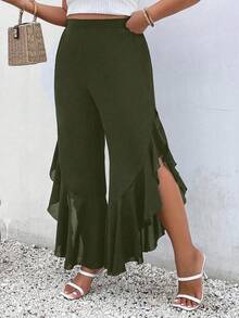 Elenzga Plus Size Ruffle Hem Chiffon Wide Leg Pants - Army Green - View 5