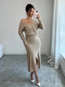 Elenzga 女士纯色优雅蝙蝠袖毛衣和不对称下摆针织中长裙 2 件套 - 卡其色 - 查看 3