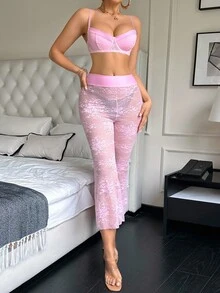 SHEIN 2 件性感内衣套装：粉色透明蕾丝胸罩和喇叭裤 - 粉色 - 查看 2