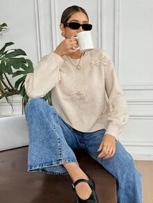 SHEIN Frenchy 女士休闲优雅百搭毛衣，带 3D 蝴蝶结丝带装饰，秋冬女装 - 杏色 - 查看 3
