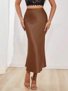 SHEIN PETITE 女士纯色美人鱼款长裙，缎面面料，优雅中长款，适合派对和日常穿着 - 鏽棕色 - 查看 6
