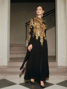 Anewsta 女式新款哥特式雪纺镶珍珠高领高端派对礼服 - 黑色 - 查看 5