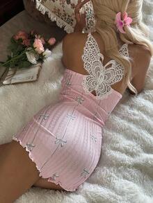 CottageSlumber Bộ đồ ngủ nữ có họa tiết ren chắp vá, nơ, sọc dễ thương, thoải mái và giản dị - Hồng - Xem 3