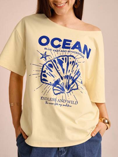 CAJUNI Women's Vacation Loose Asymmetrical Shoulder Short Sleeve T-Shirt With Shell, Starfish, Seahorse Prints, Versatile For Summer