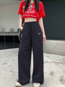 DAZY Women's Contrast Color Letter Print Drawstring Design Pants - Navy Blue - View 3