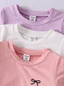 3pcs Baby Girls Casual Cute Bow Print Round Neck Short Sleeve T-Shirt, Suitable For Daily Life, Gatherings, Festivals, Spring/Summer - Multicolor - View 5