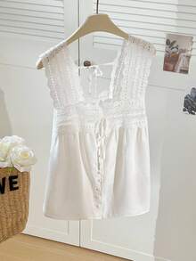 Resyla 女式夏季休闲纯色蕾丝拼布无袖衬衫 - 白色 - 查看 4