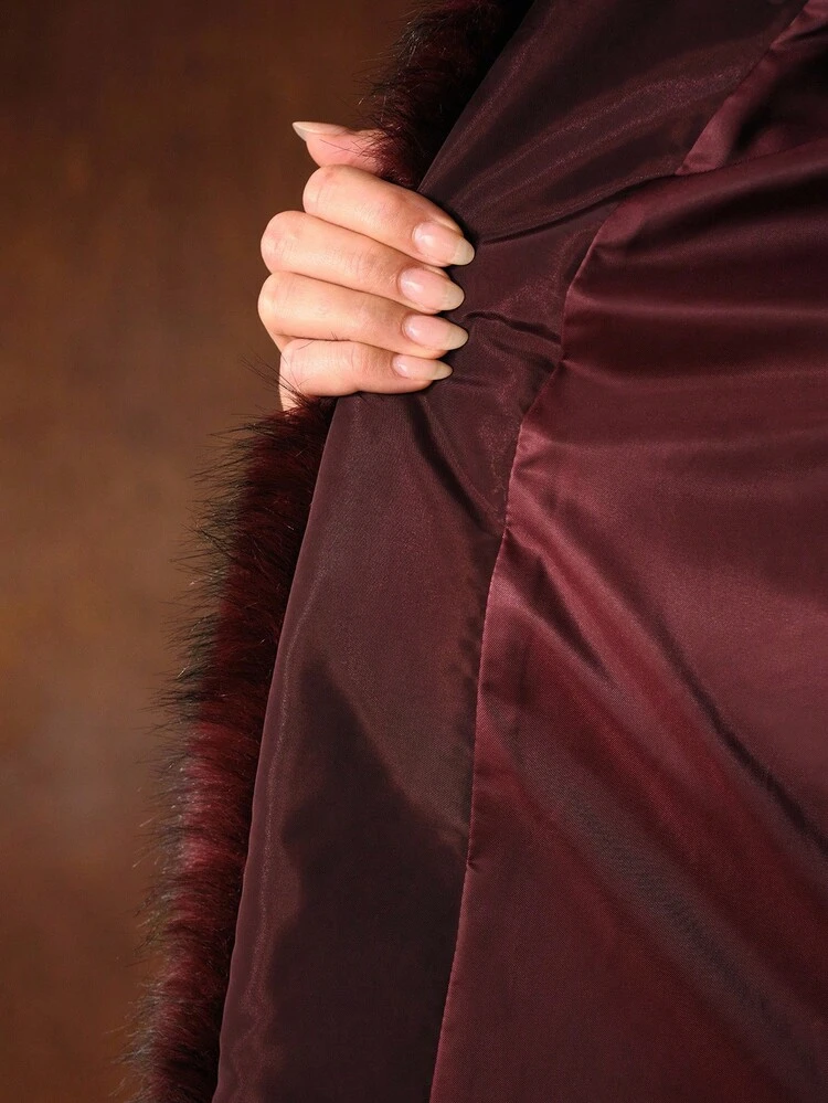 FUZZY PANEL SLANT POCKET BELTED WINTER COAT