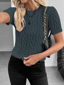 EMERY ROSE Blogger-Inspired Twist Rope Decor Round Neck Knit Sweater, Versatile, Autumn/Winter
