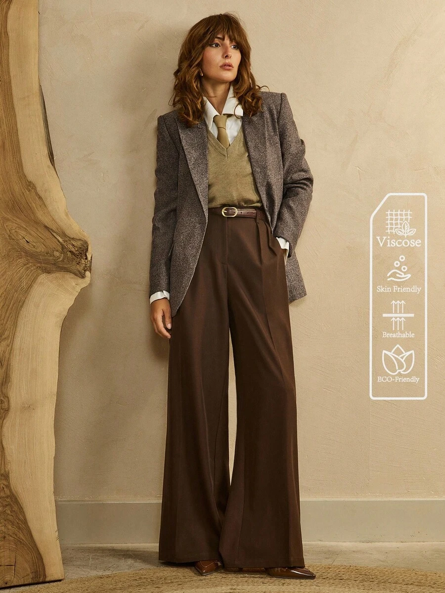 Revavyn 女士棉混纺纯色斜纹 V 领西装外套，长袖修身办公室/工作服，春秋季 - 棕色 - 查看 1