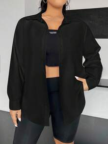 SHEIN EZwear 秋季大码休闲纯色前扣长袖衬衫 - 黑色 - 查看 1